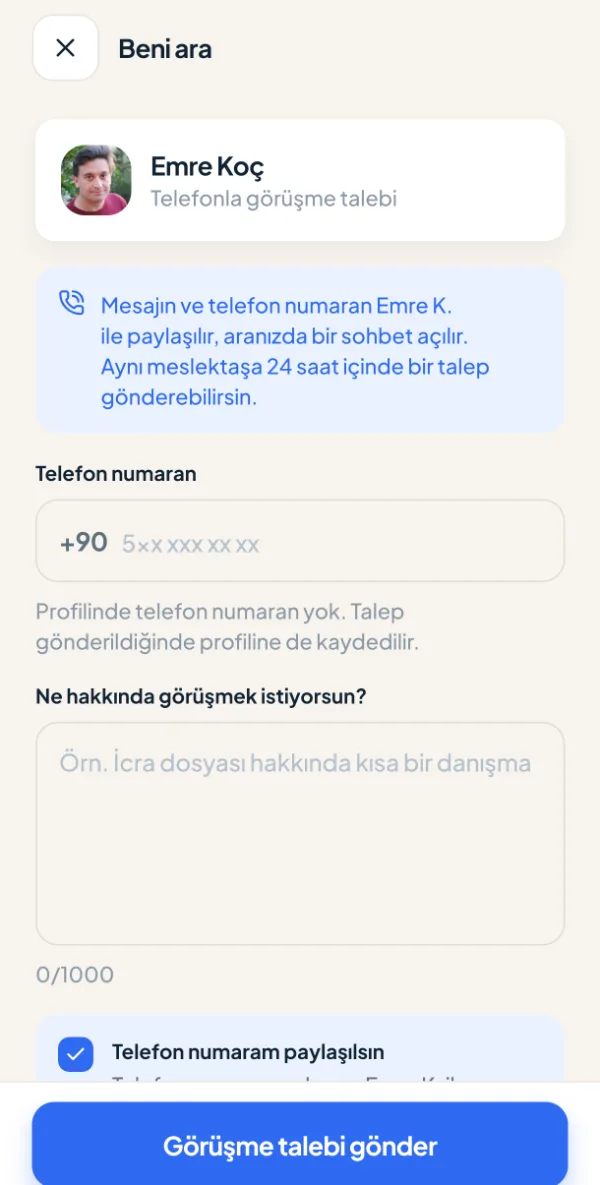Telefonla görüşme talebi — ekran görüntüsü
